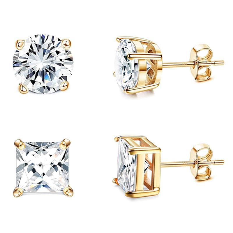 4 pair Stud Earrings for Women Men Gold Plated Hypoallergenic Silver Post Earrings Big Brilliant Simulated Diamond