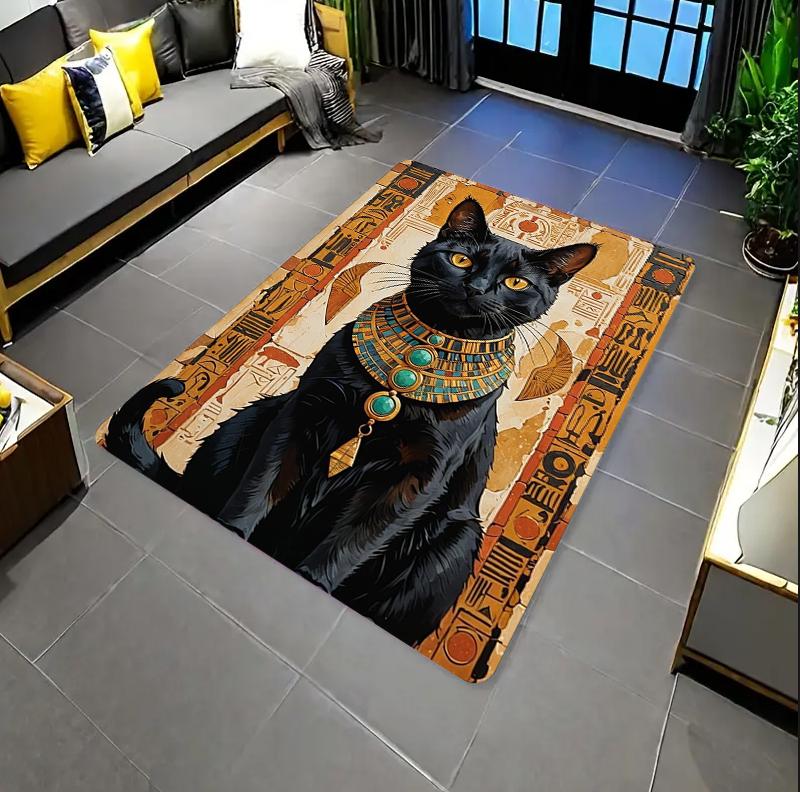 Egyptian Black Cat Rectangle Carpet Ancient Hieroglyph Stained Glass Cat Lover Home Decor Mat Non Slip Floor Rug Bedroom