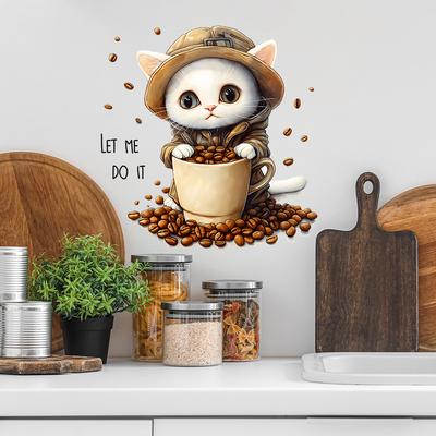 Cartoon Kitten Coffee Beans Tea Cups Kitchen Restaurant Home Background Beautification Decoration Wall Stickers