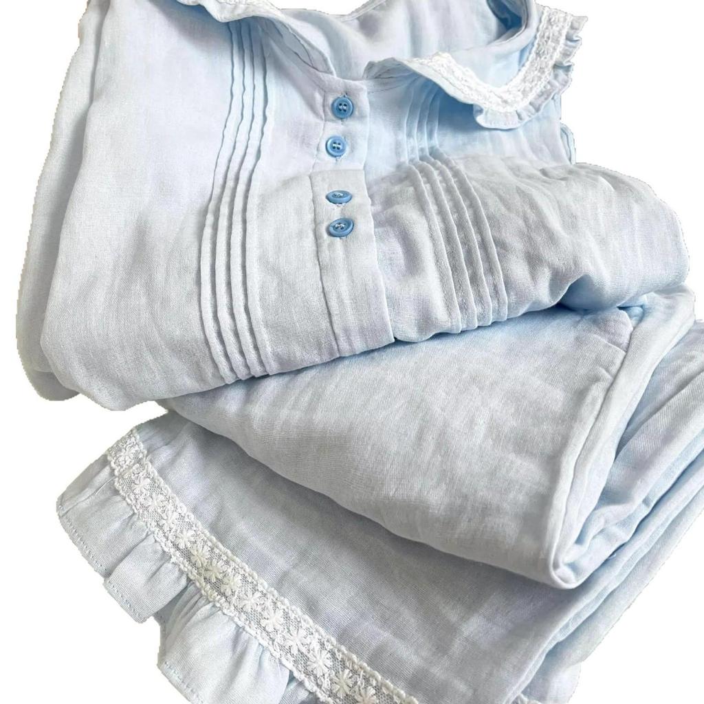 Spring & Autumn Navy-Style Collar Soft Cotton Pajama Set with Lace