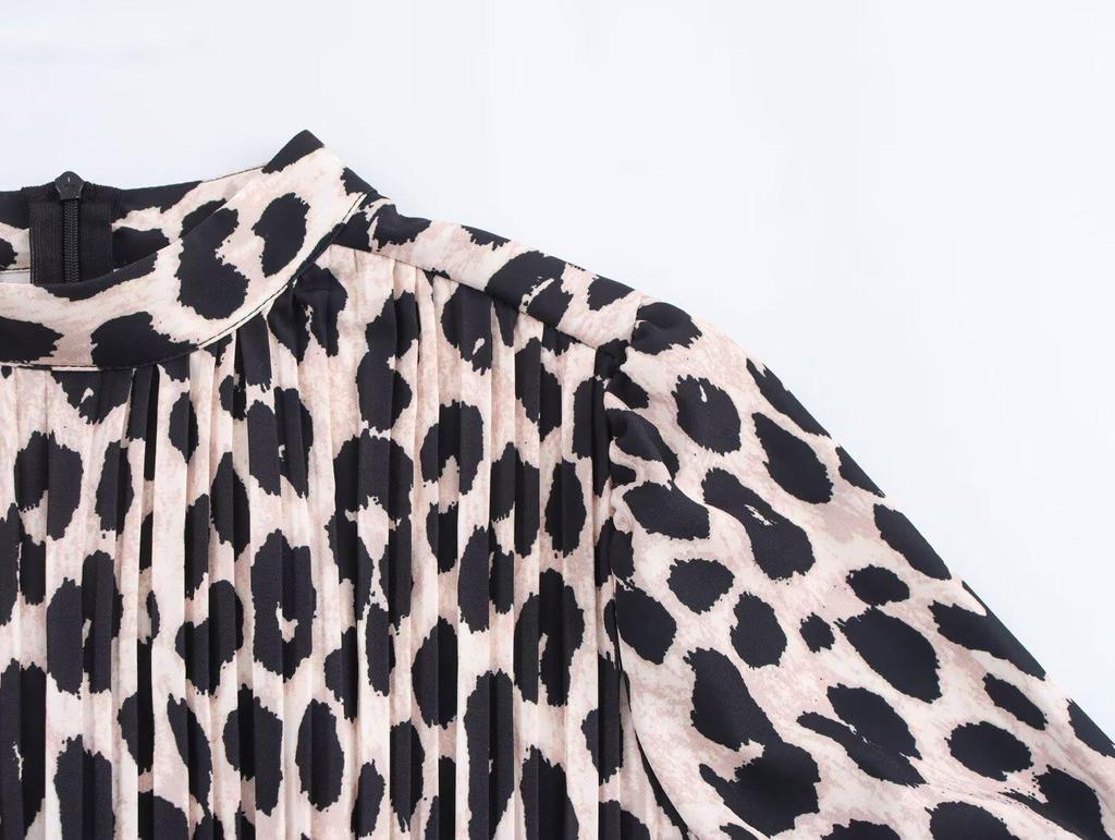 2025 Spring Women's European & American Style Print Stand-Up Collar Waist-Hugging Dress