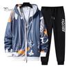 2 Pcs/Set Men Coat Pants Suit Hooded Letter Print Drawstring Zipper Closure Loose Elastic Waist Hip Hop Ankle-banded Men Sportwear