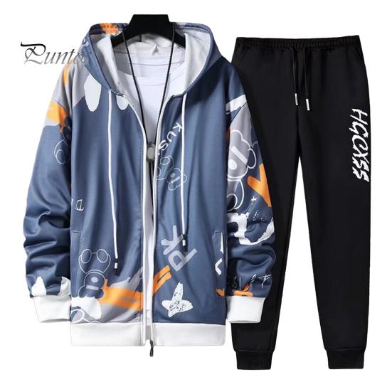 2 Pcs/Set Men Coat Pants Suit Hooded Letter Print Drawstring Zipper Closure Loose Elastic Waist Hip Hop Ankle-banded Men Sportwear