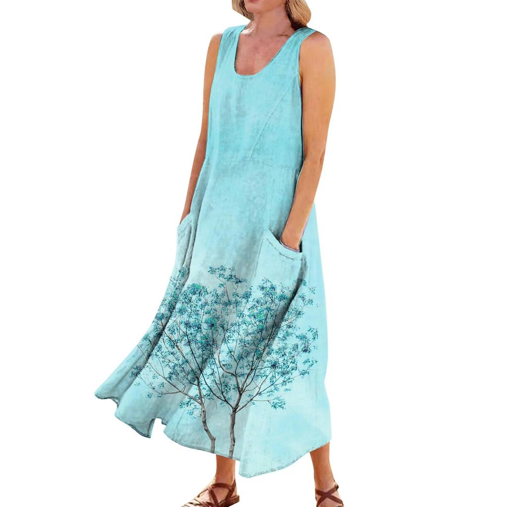 Women's Casual Comfortable Floral Print Sleeveless Cotton Pocket Dress