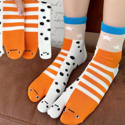 1/2Pairs Women Split 2-Toe Socks Breathable Elastic Moisture Wicking Soft Cartoon Print Flip Flop Cotton Socks