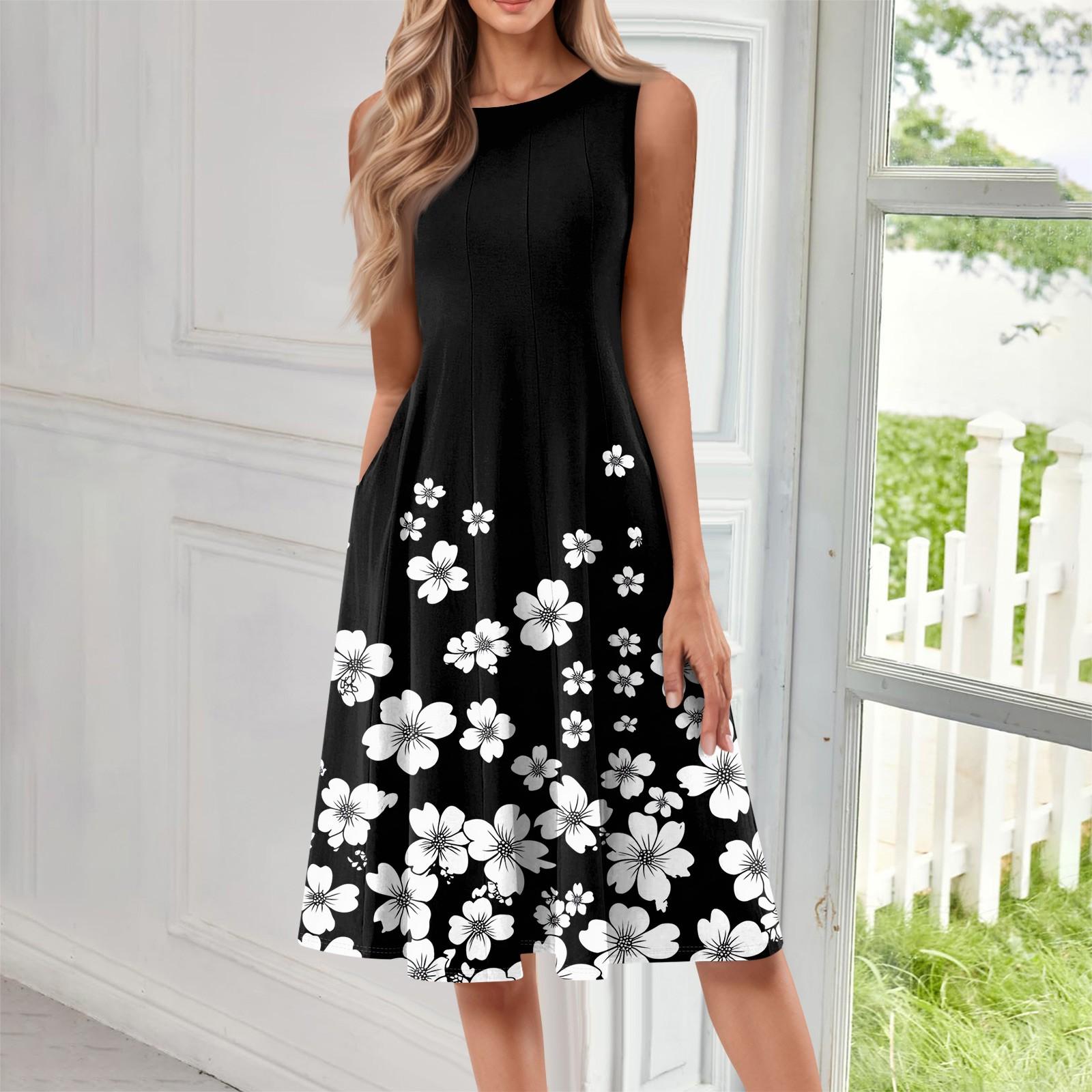 

Женское повседневное и модное платье средней длины с круглым вырезом без рукавов и принтом XXL чёрный