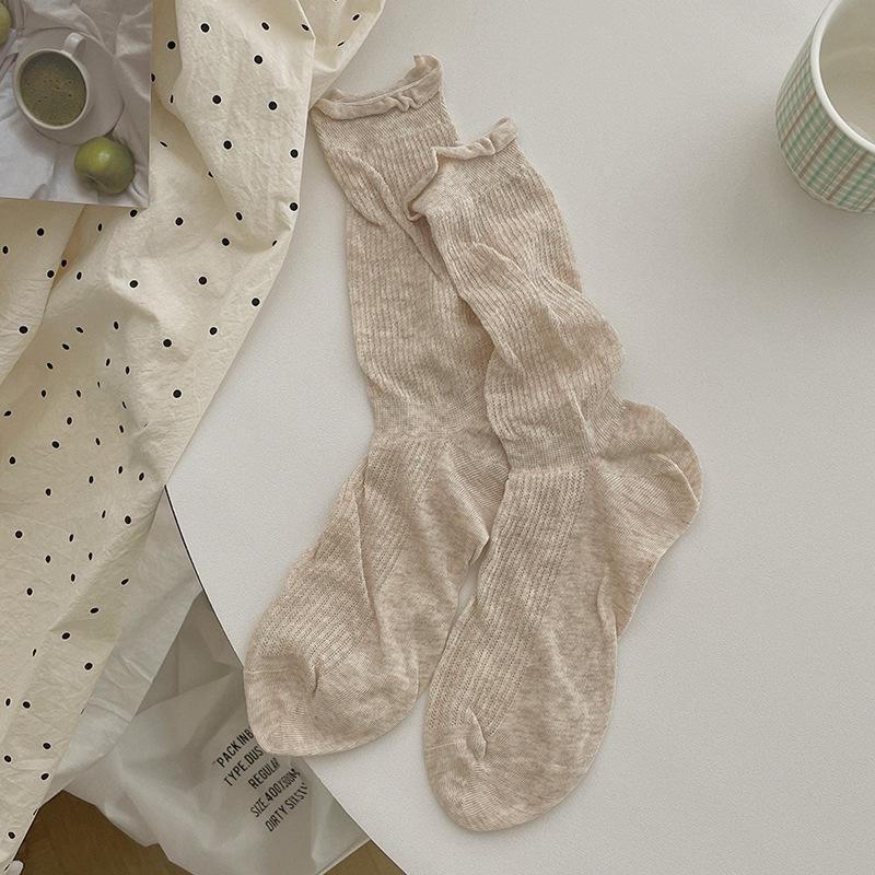 Women's Ballet-Style Japanese Mesh Socks: Sweat-Absorbent, Breathable, Ruffled Edge, Solid Color, Thin Slouch Style.