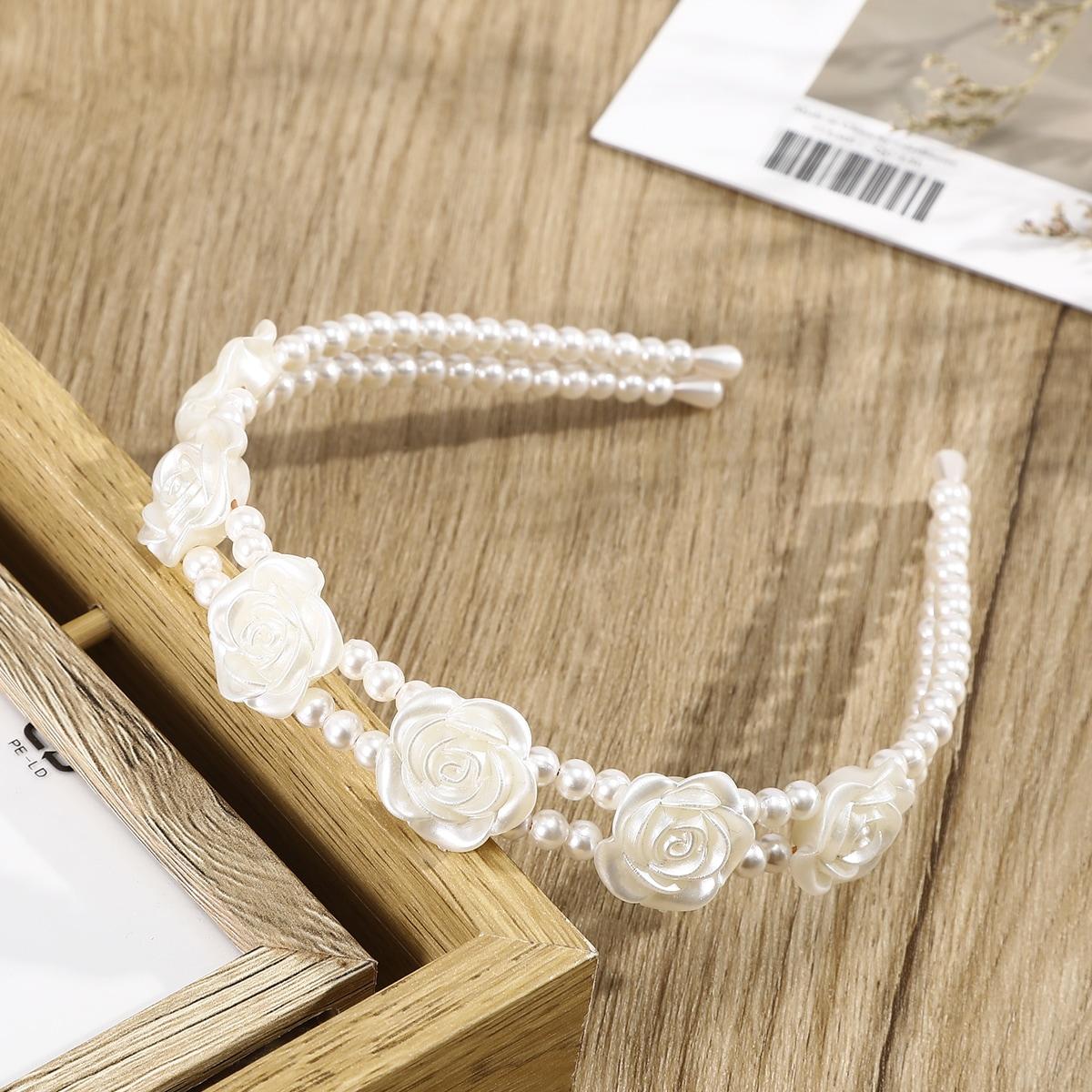 

Sweet and Elegant Rose Red Faux Pearl Headband Women s Hair Accessory with Double-Layer Design, French Bridal Headpiece Suitable for Wedding