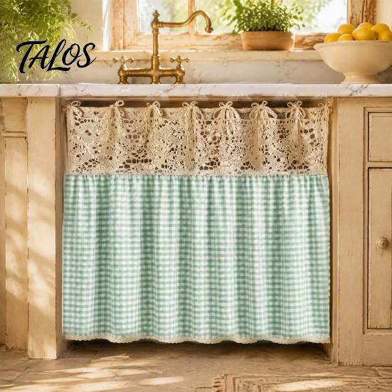 Dustproof Oven Handle Protector Farmhouse Stove Skirt, Plaid Crochet Lace Curtain, Rustic Kitchen Cabinet Decoration Skirt Curtain with Ties