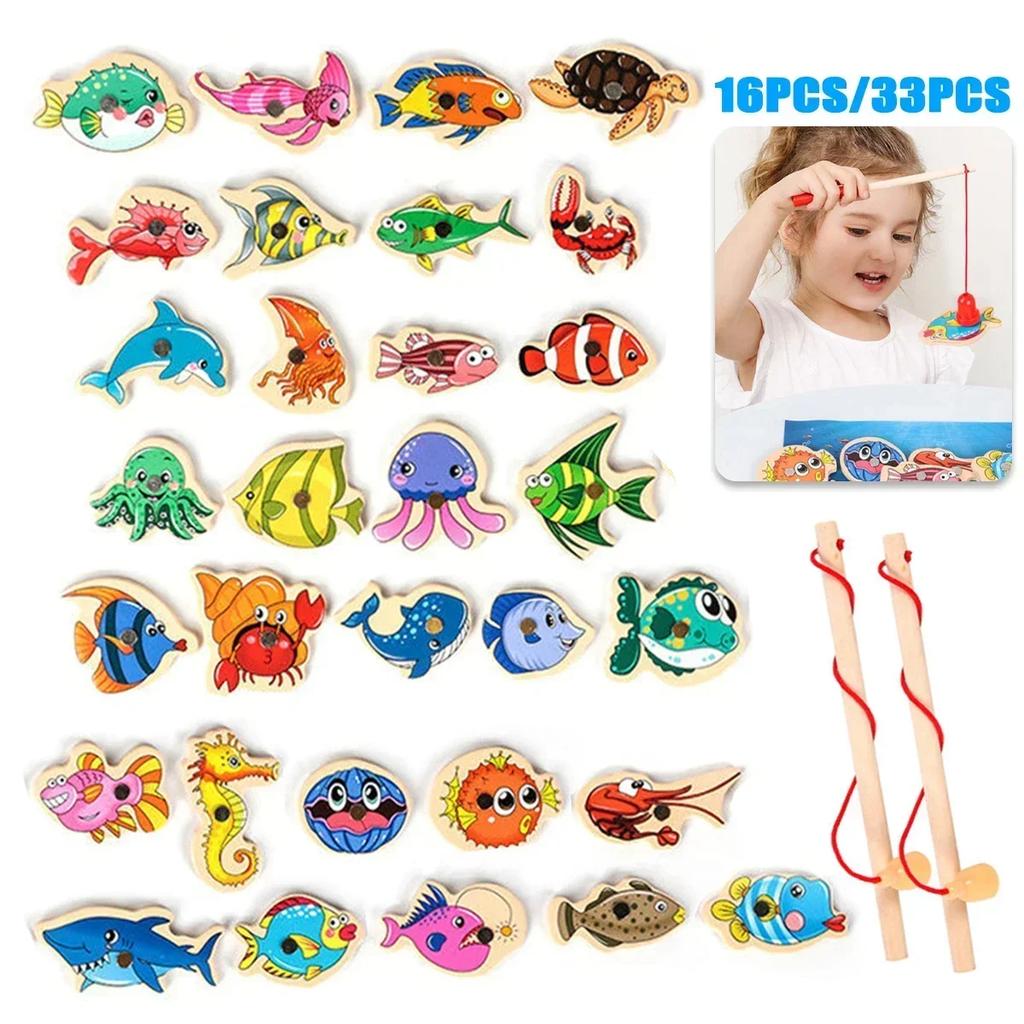 1Bag Wooden Magnetic Fishing Game Set Cartoon Sea Life Fishing Rod Educational Toys For Kids Gift