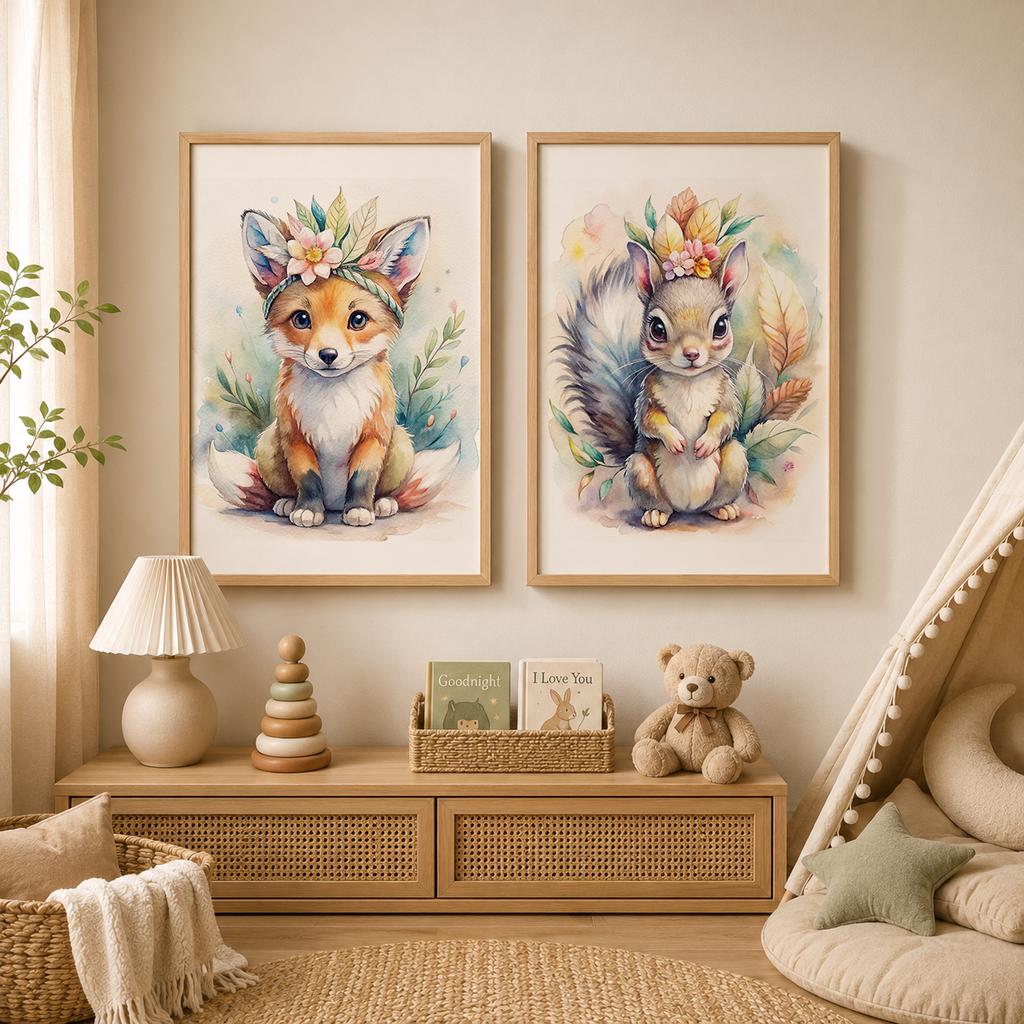 Animal Wall Art, Floral Wreath Canvas Print, Cute Forest Creature Nursery Poster Prints for Kids Bedroom Home Decor
