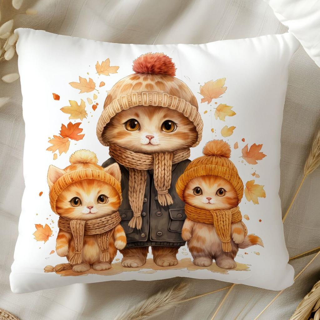 Cartoon Cat Pattern Square Polyester Pillowcase Sofa Living Room Decorative Cushion Cover Bedroom Bedside Pillow Cover