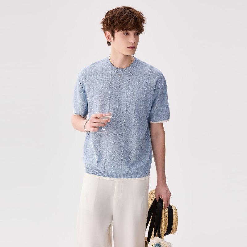 Summer New Trendy Brand Fashion Gentleman's Style Contrasting Color Knitted Short-sleeved T-shirt Men's Breathable Pullover Crew Neck Top