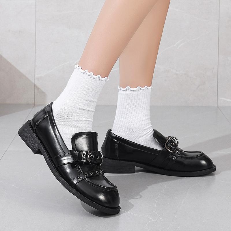 Women Round Toe Chunky Heel Retro Style College British Leather Shoes Easy To Wear Flat Footwear Adults Female Loafers