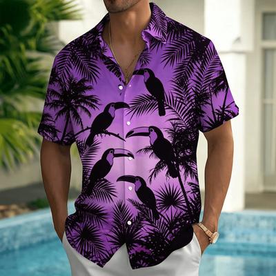Men's Tropical Toucan Palm Print Short Sleeve Shirt, Casual Hawaiian Button Up Shirt for Spring & Summer