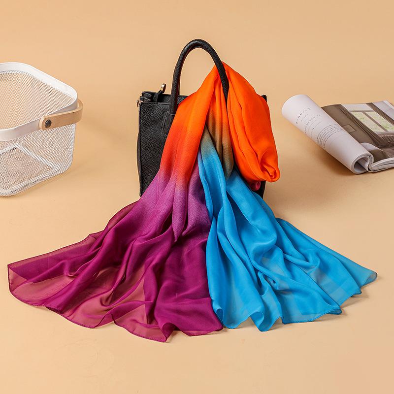 Larger Scarf for Women Spring New Multi-color Gradient Color Block Georgette Soft Hand Scarf Printed Thin Silk Scarf