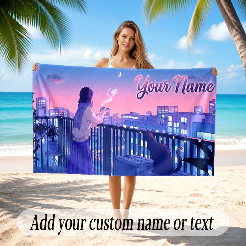 City Cyberpunk Theme Soft Beach Towel Personalized Custom Name Text Towel Portable for Beach Pool Travel