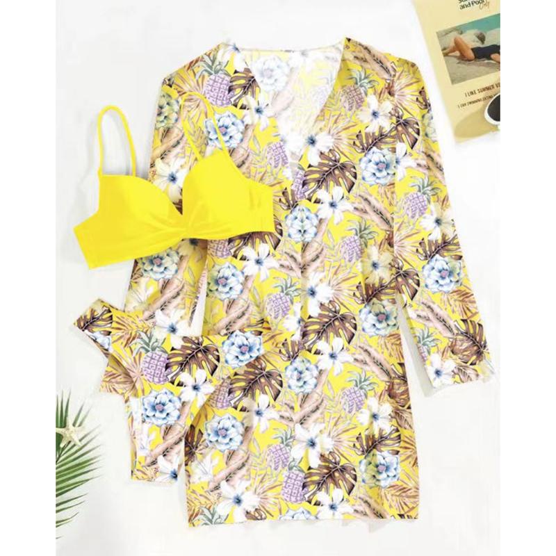 Dámská sada bikin s květinovým potiskem Sexy třídílná plážová pokrývka nahoru Push Up Léto s dlouhým rukávem Twist plavky