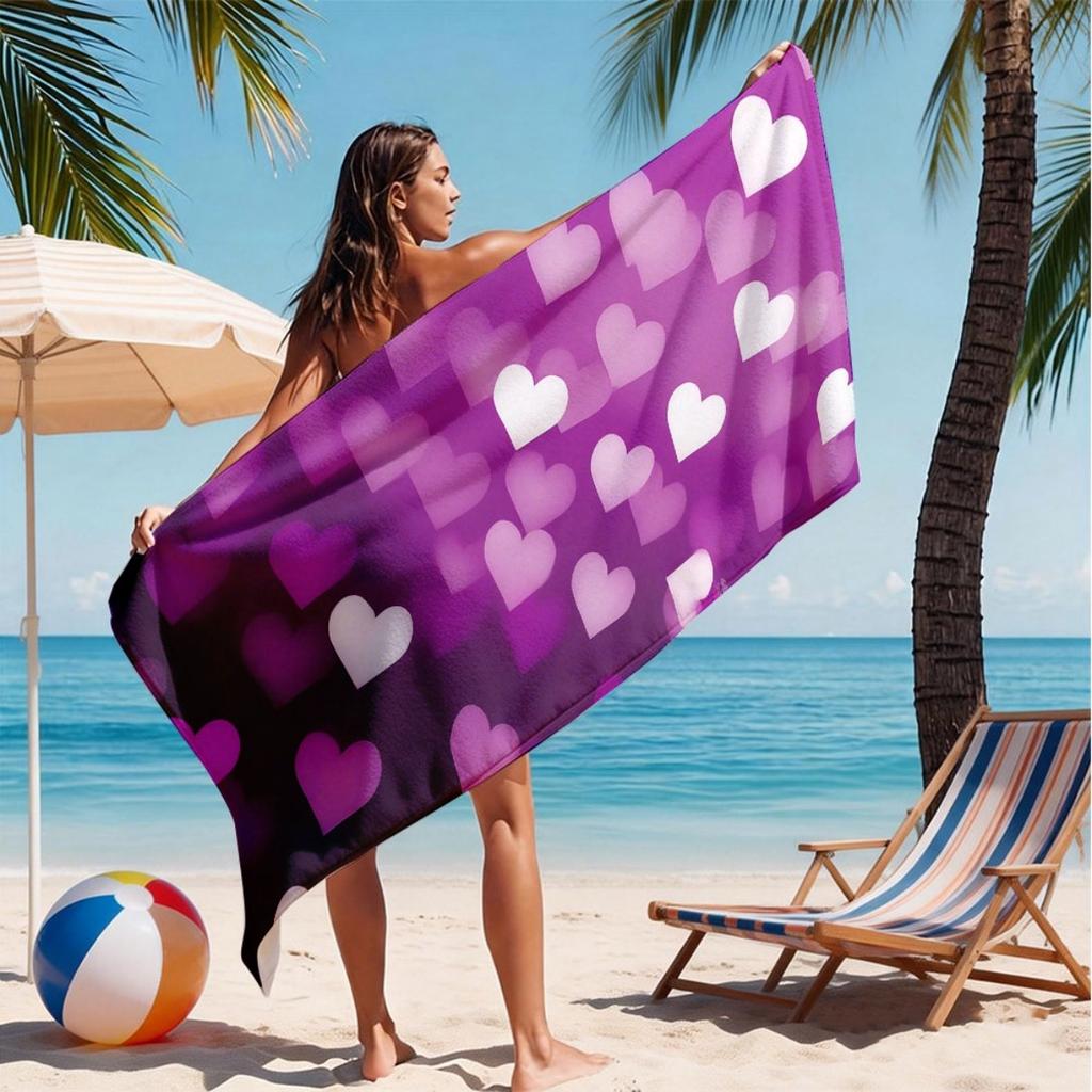 Romantisches Lila Herz Mikrofaser Strandtuch 2D Flach Gedruckt Wasserdicht Sandfest Reise Badetuch Für Meeresurlaub Sonnenbad