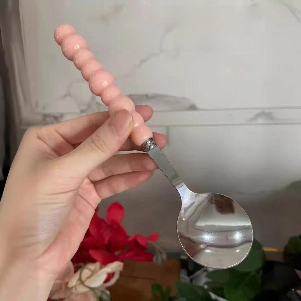 New Stainless Steel Pearl Handle Spoon Five-color Imitation Ceramic Stirring Spoons Long Handled Dessert Spoon Household