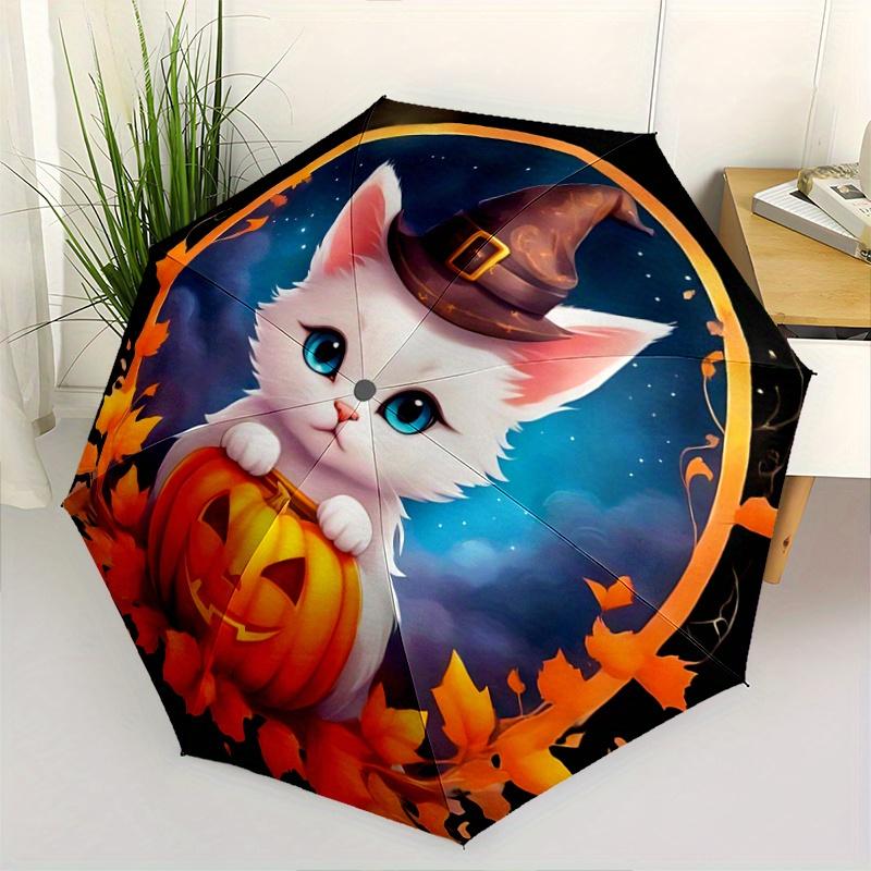 

1pc Halloween Cute White Cat Pumpkin Automatic Opening and Closing Umbrella - Small Umbrella Suitable for Various Occasions, Portable 3-Fold
