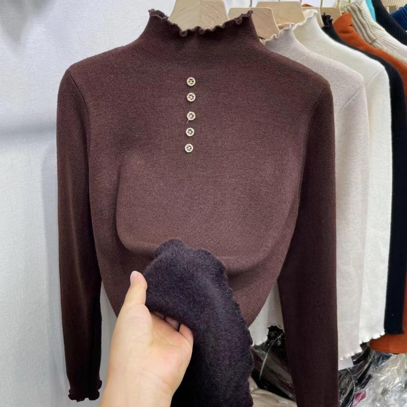 Fungus lace collar fleece thickened knitted bottoming shirt women's autumn and winter new fashion integrated fleece pullover sweater
