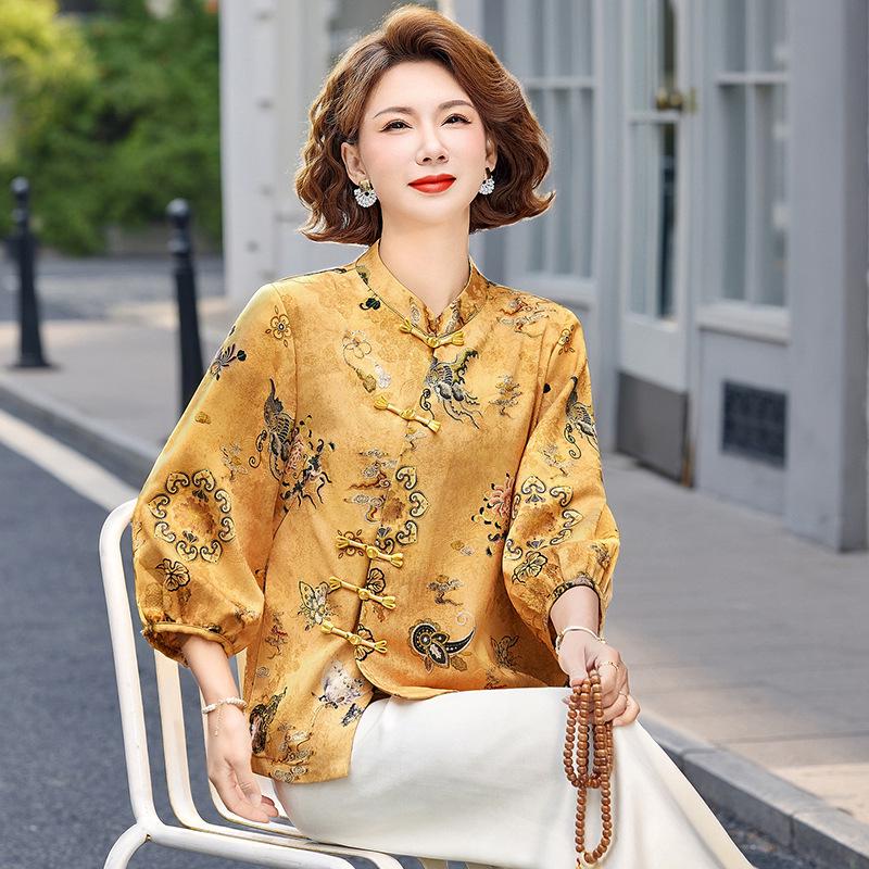 

Women s Chic Seven-Sleeve Shirt with Chinese-Style Collar and Print 4XL (Recommended 130-145 Jin) жёлтый