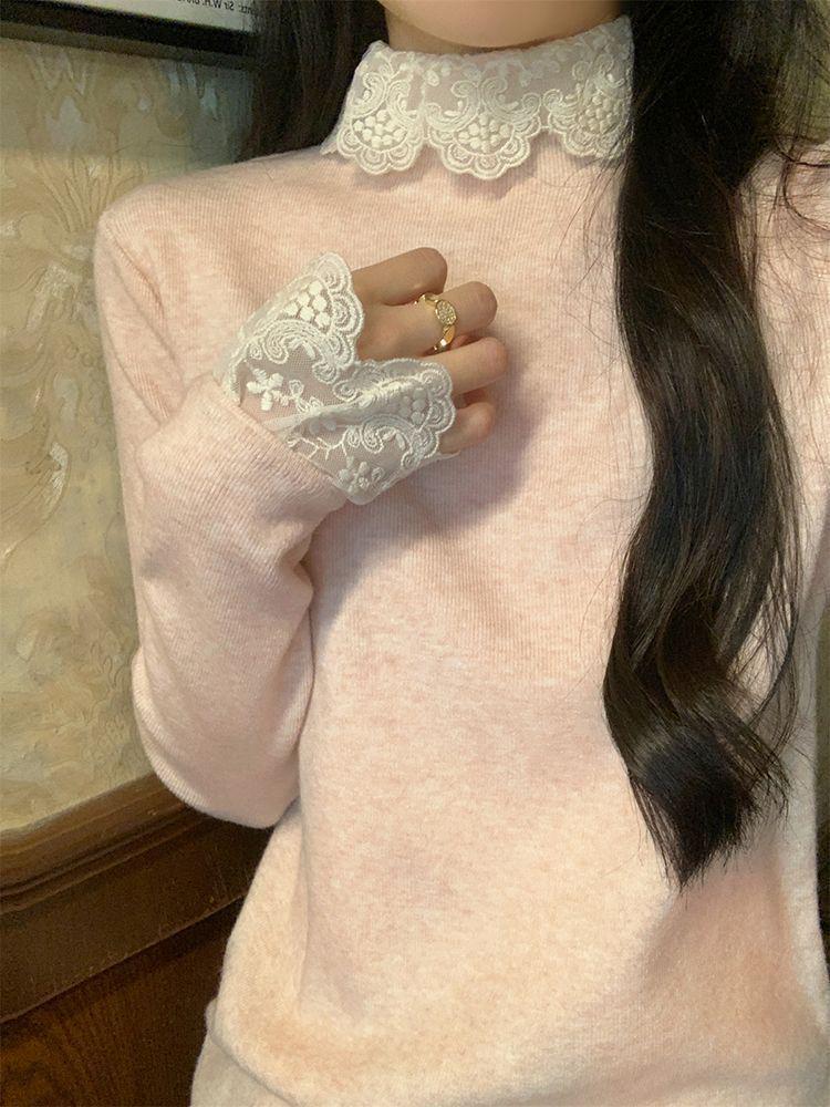 Korean Lace Patchwork High Neck Sweater - Slimming & Flattering Long Sleeve Top for Women