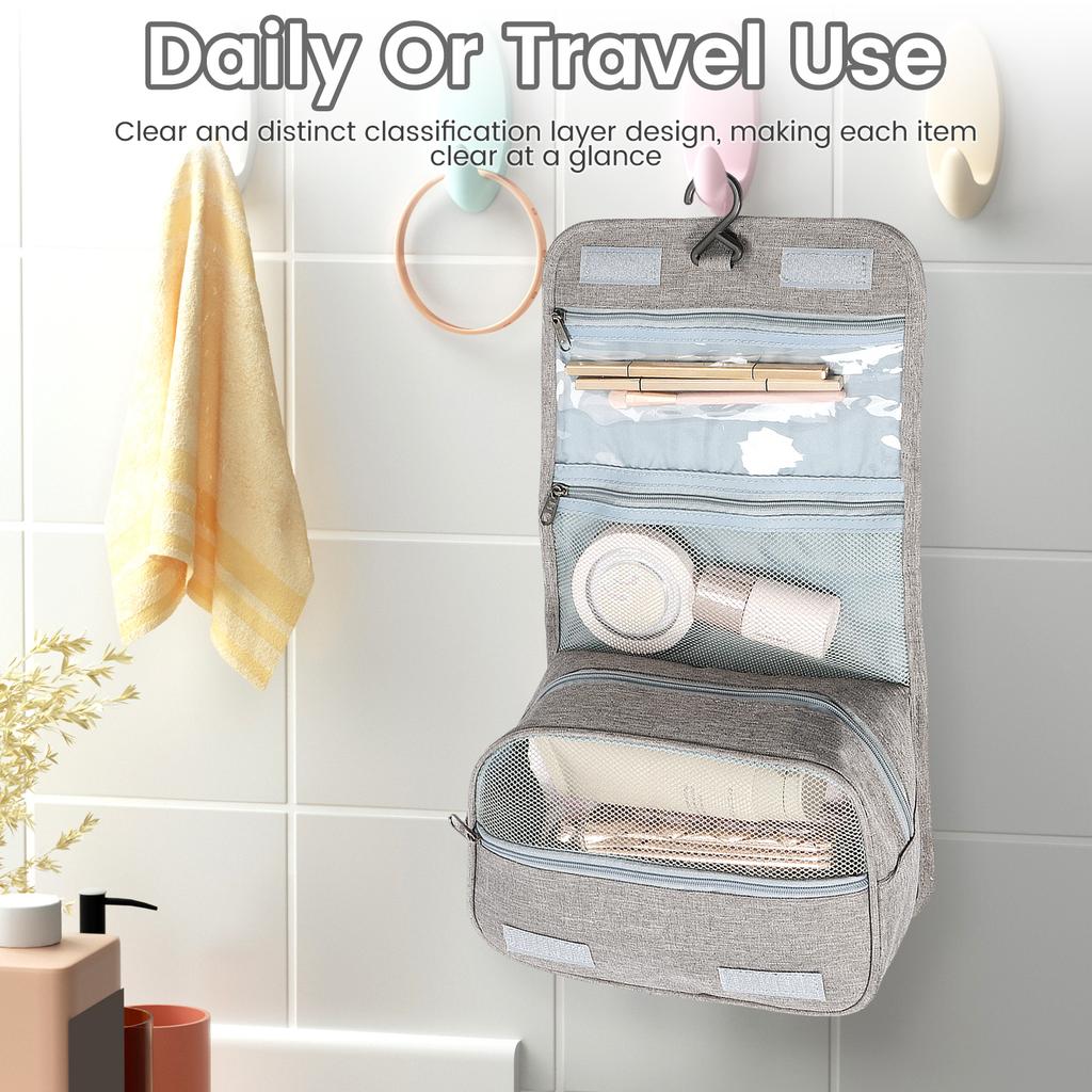 Foldable Hanging Travel Bag Polyester Portable Toiletry Washbag with Hanging Hook Waterproof Cosmetic Bag for Bathroom Storage