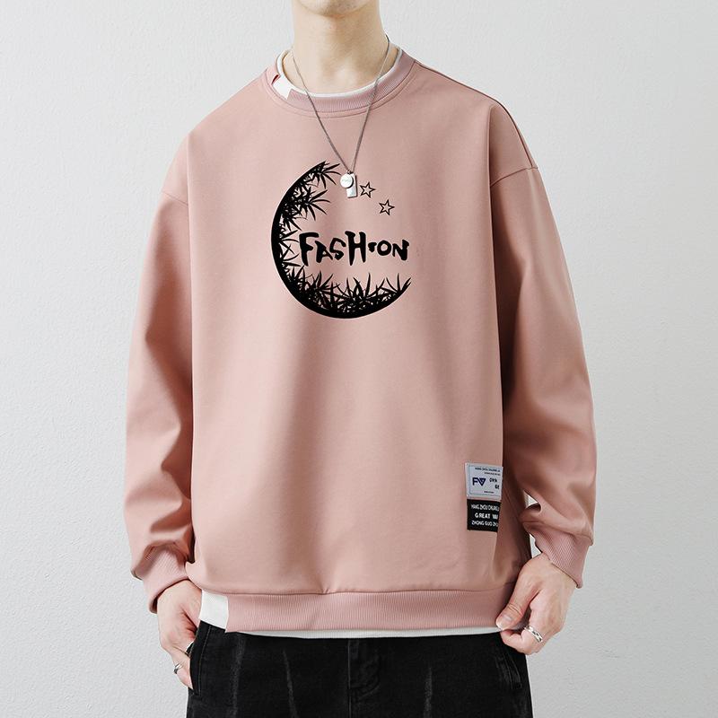 Spring New Men's Pullover Round Neck Printed Contrast Long-Sleeved Fake Two-Piece Sweaters