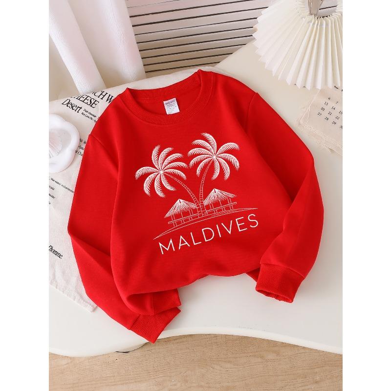 European Sizes Kids' Crewneck Sweatshirt Palm Trees Hut Island Maldives , Sportswear And Casual Wear, Soft And Comfortable, Children's Clothing