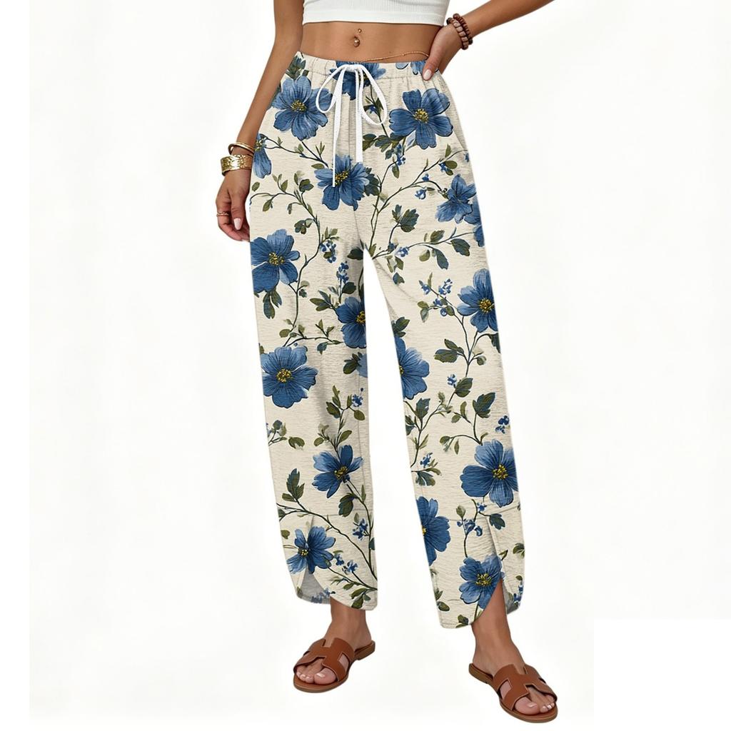 Women's Casual Loose Straight Leg Drawstring Printed Long Pants with Relaxed Fit Lightweight Breathable Fabric for Everyday Wear
