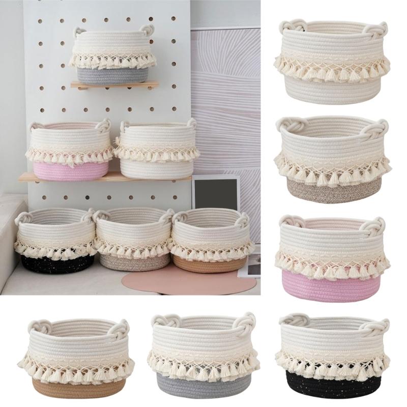 Stylish Cotton Rope Woven Storage Basket Contemporary Tassels Cotton Rope Basket Practical and Soft Storage Container
