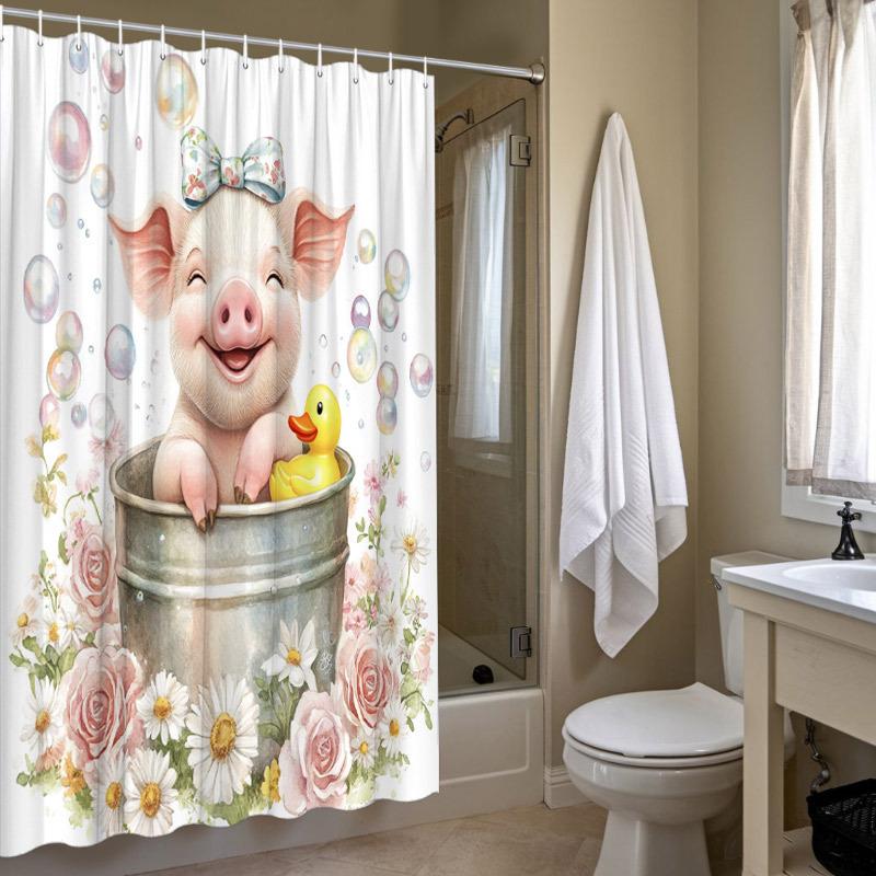 1pc Whimsical Piglet Shower Curtain - Pink Floral, Blue Duck & Roses, 70.8x70.8", Polyester, 12 Hooks, Washable
