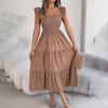 Autumn Winter Women Elegant High Waist Pleated Dress Short Sleeve Solid Color Lace Up Fashion