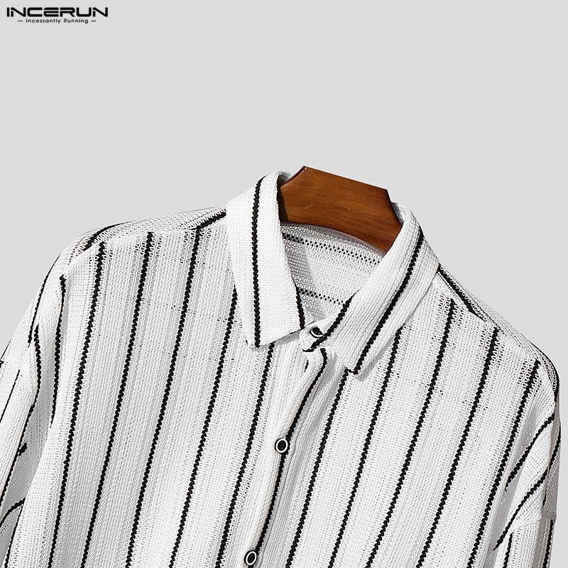 INCERUN Oversized Men Long Sleeve Lapel Striped Hollow Webbing Casual Loose Tops Shirts