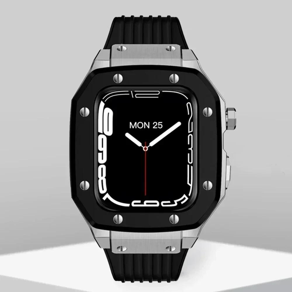 Paslanmaz Çelik Kasa+Kauçuk Kayış IWatch 9 45mm 44MM için Silikon Bant Modifikasyon Kiti Apple Watch Serisi 9 6 5 4 SE 8 7 45 için
