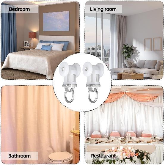 Barydat 60 Pcs Curtain Track Roller Hooks Curtain Rail Pulleys Runners Plastic Ceiling Gliders Window Rods Dual Wheel Roller Carriers Mounted Curtain