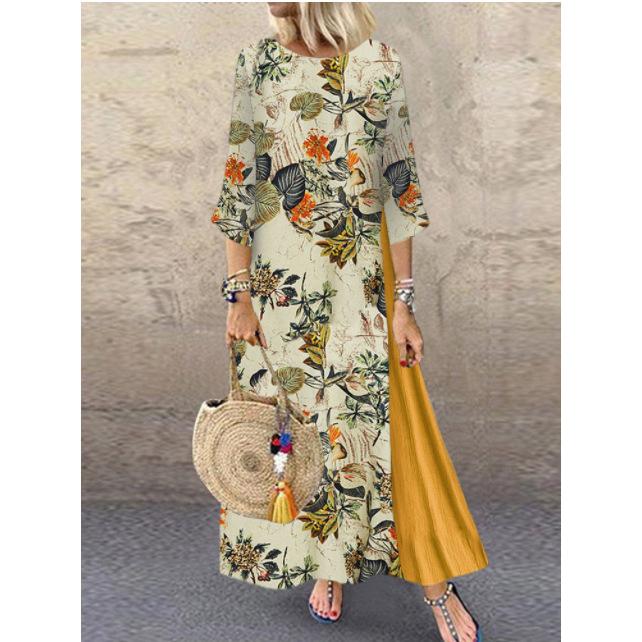 Autumn and Winter Retro Floral Round Neck Stitching Dress Long Sleeve Large Swing Dress Women