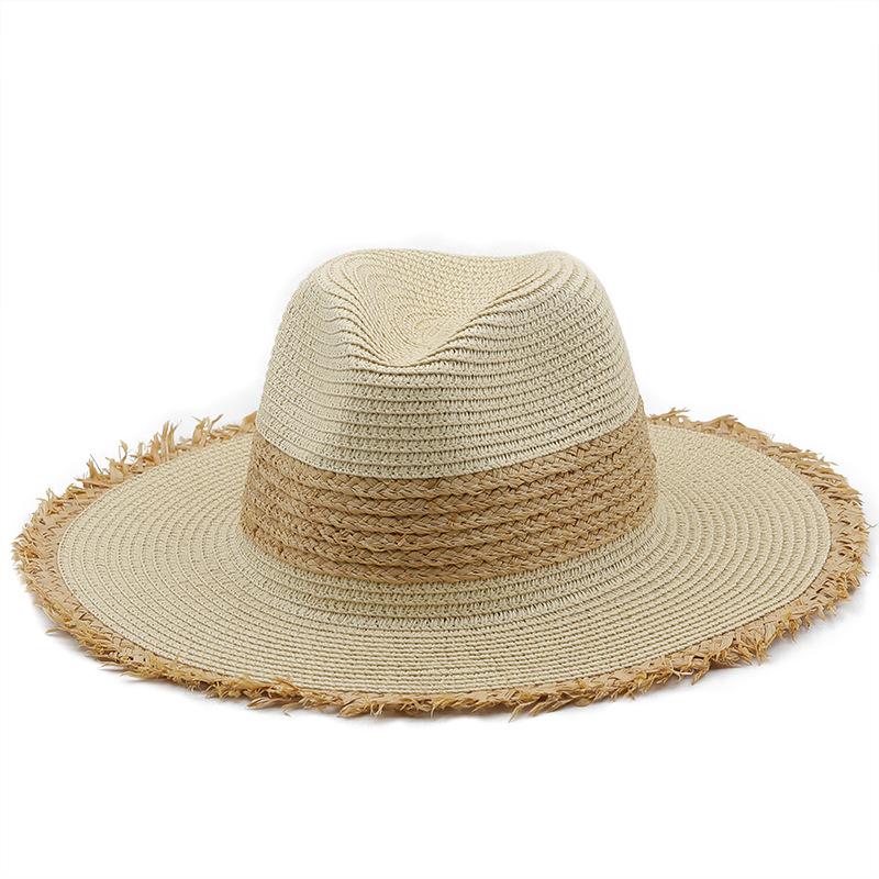 Hat Women's Summer Vintage Color Matching Straw Hat Rough Edge Sunscreen Sun Hat Women's Wide Flat-brimmed Hat Jazz Top Hat