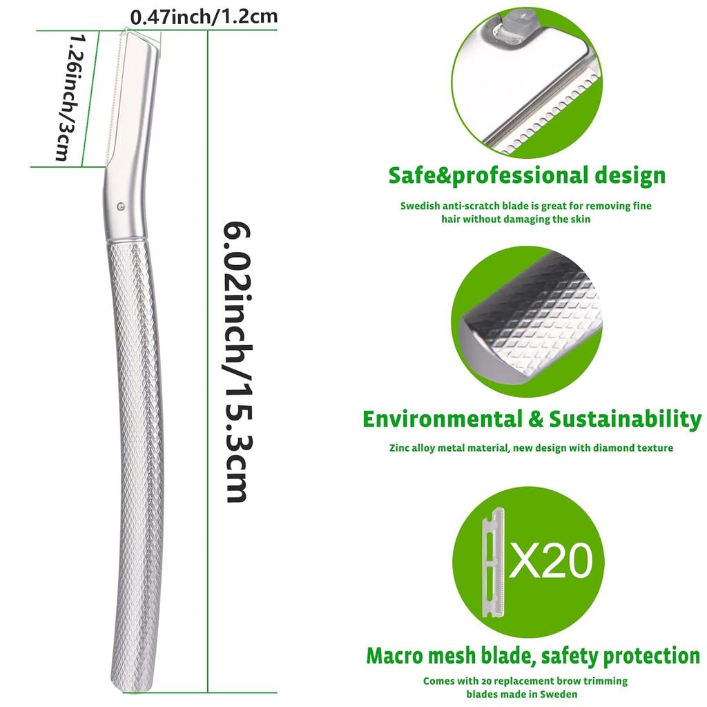 Dermaplaning Tool for Face Exfoliation, with 20 Replaceable Blades (Silver)