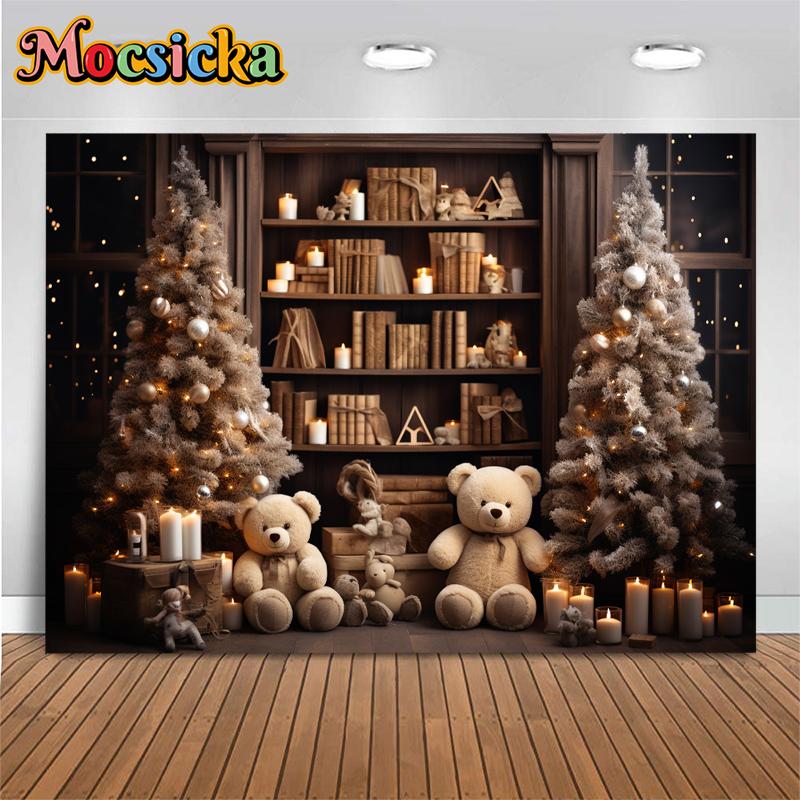 Mocsicka Christmas Photo Background Room Xmas Tree Bookshelf Gifts Bear Decoration Baby Kids Birthday Party Photography Backdrop