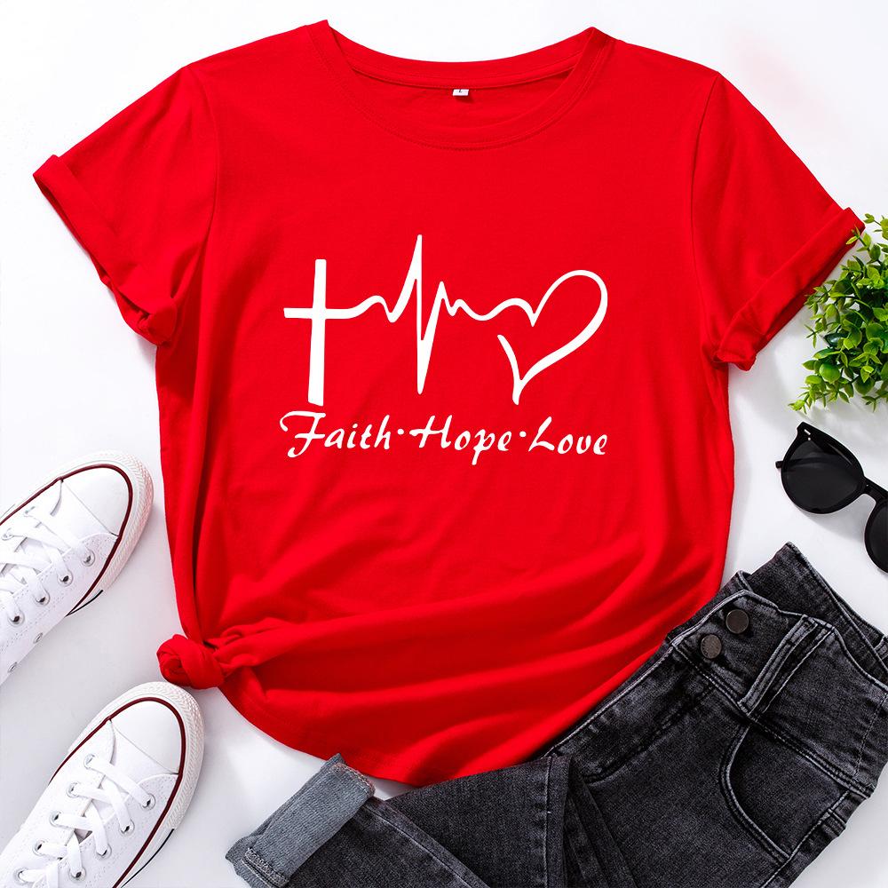 Faith Creative Alphabet Cotton T-Shirt Short Sleeve Round Neck Women 2d Print Tops