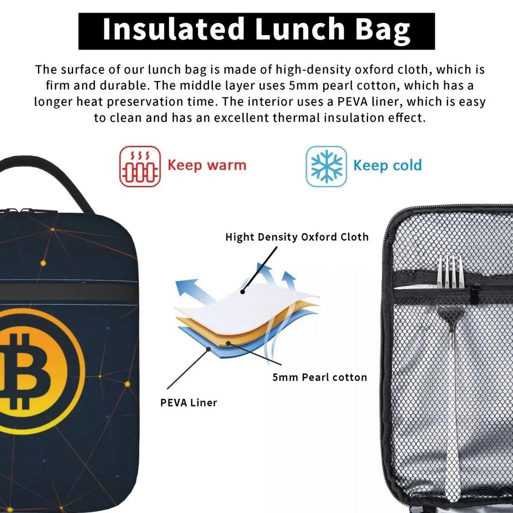 Custom Bitcoin Digital Currency Lunch Bag Women Cooler Warm Insulated Lunch Boxes for Kids School