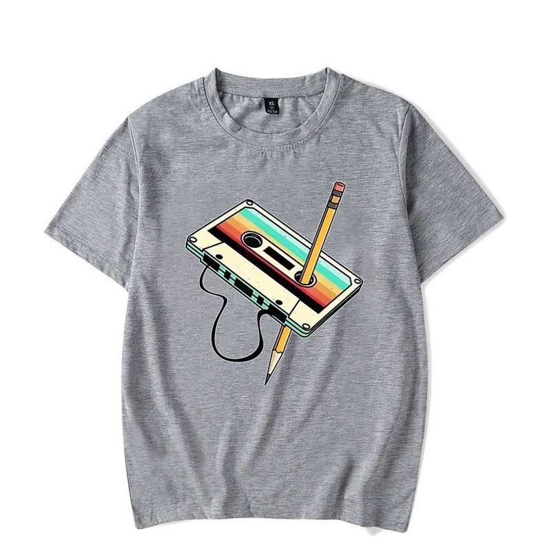 Men Short Sleeve 80s Cassette Tape Pencil 1980s Retro Vintage Throwback Music T-Shirt Women Clothing Vintage T Shirt Camisetas