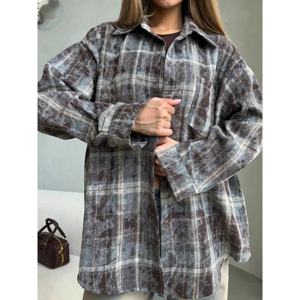 Women's Point Collar Long Sleeve Plaid Shirt Loose Fit Vintage Casual Pocket Blouse
