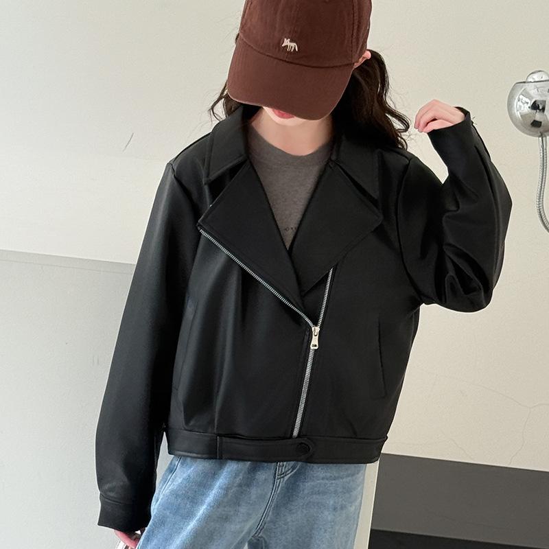 

Девичья кожаная куртка с асимметричной молнией - Коллекция Осень 2025 160 cm чёрный