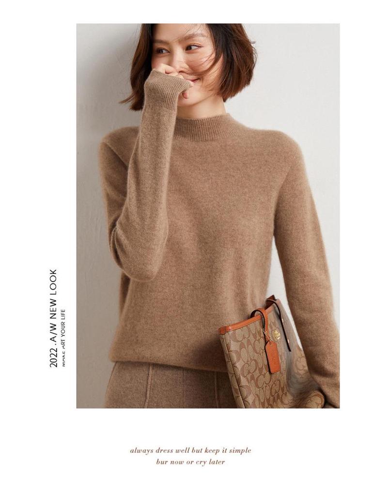 2024 Fall/Winter Women's 100% Wool Semi-High Neck Loose Knitted Sweater