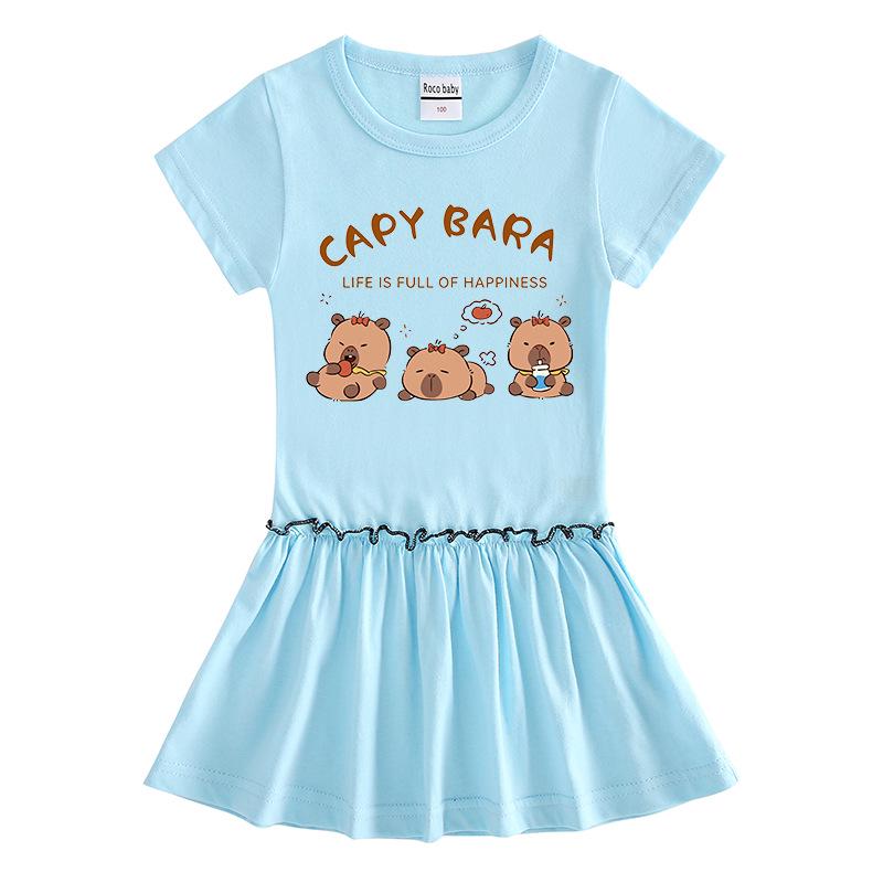 Summer Cartoon Color Block Raglan Dress for Baby Girls - Short Sleeve with Ruffled Pleated Skirt