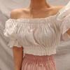 Korean Ruffled Off-Shoulder Puff Sleeve Lace Cropped Top
